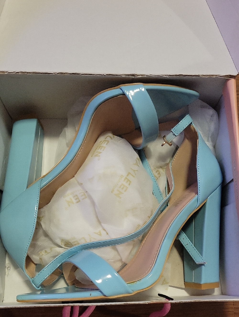 KAYLEEN By Los Angeles Baby Blue Patent Block Heel Sandals